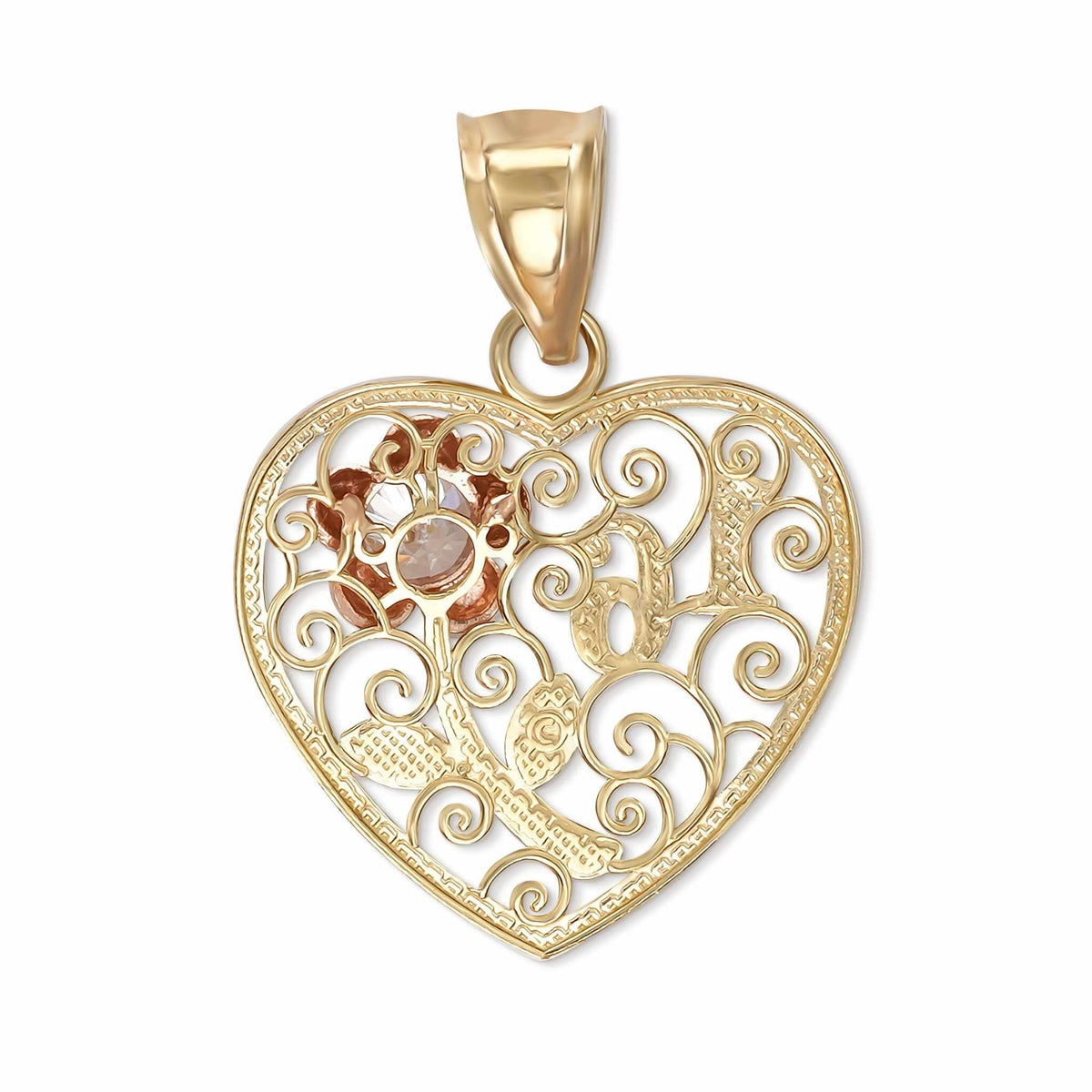 Back view of a tricolor gold Sweet 16 heart filigree pendant on white background.