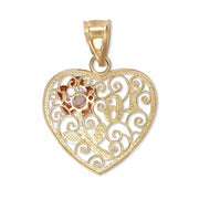 Back view of a tri-color gold Sweet 16 heart pendant showing hollow-backed construction.
