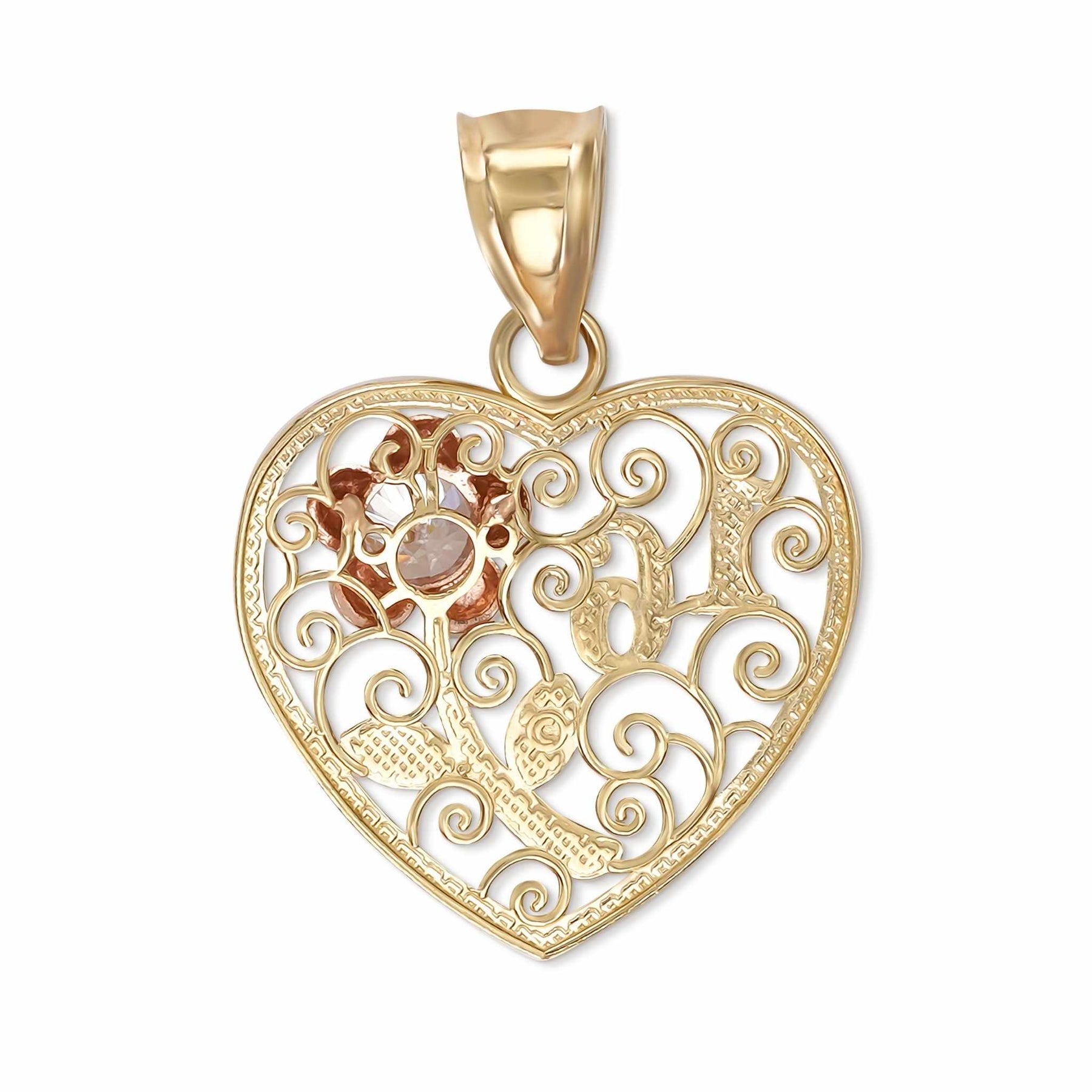 Back view of a tri-color gold Sweet 16 heart pendant showing hollow-backed construction.