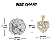 Size chart graphic displaying dimensions and scale coin for a Sweet 16 heart pendant.