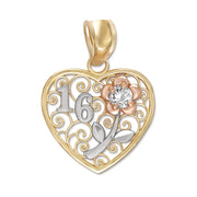 Front view of a 10k or 14k tri-color gold Sweet 16 heart pendant on white.