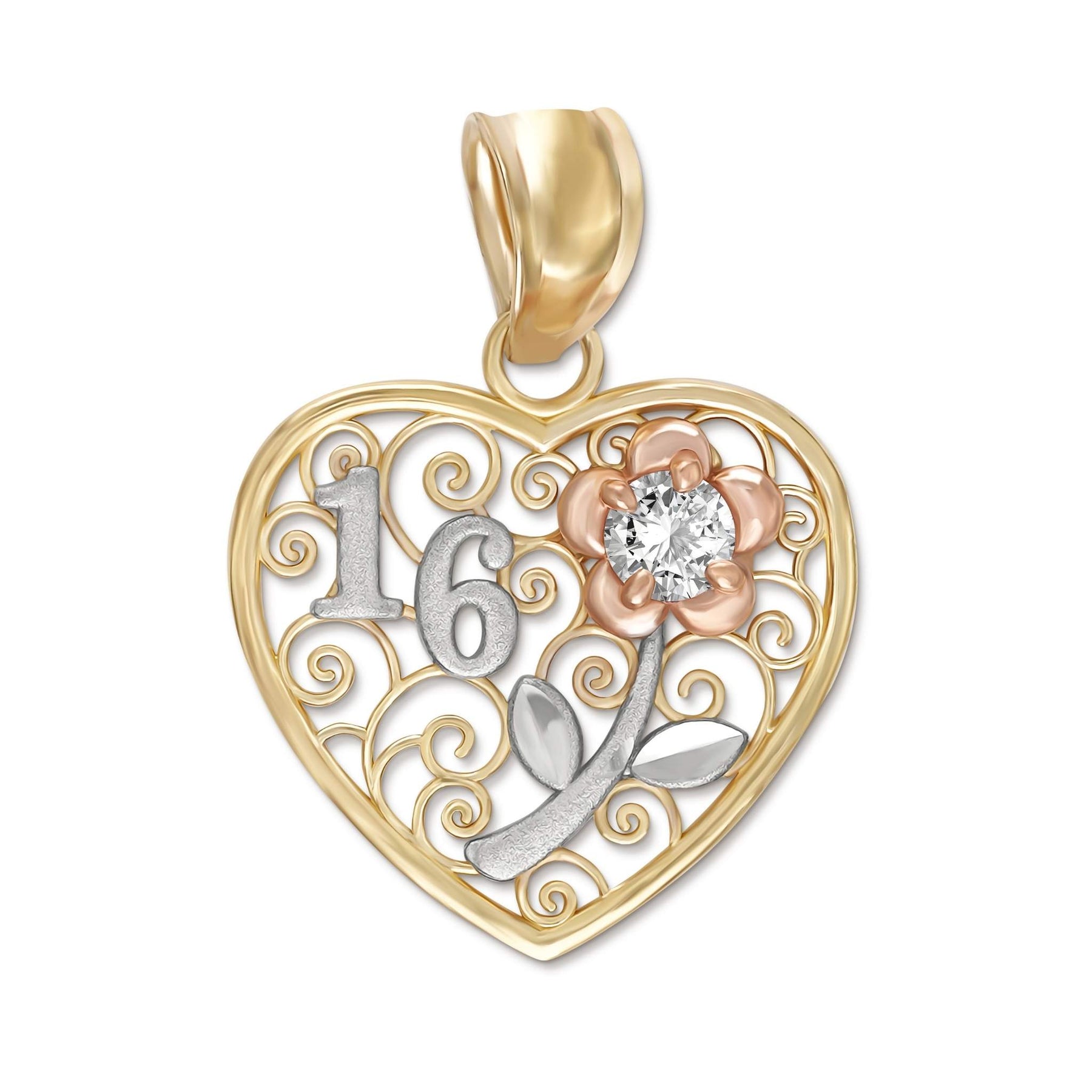 Front view of a 10k or 14k tri-color gold Sweet 16 heart pendant on white.