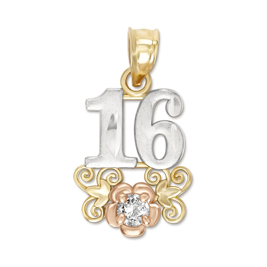 Front view of a tri-color gold Sweet 16 heart pendant on a white background.