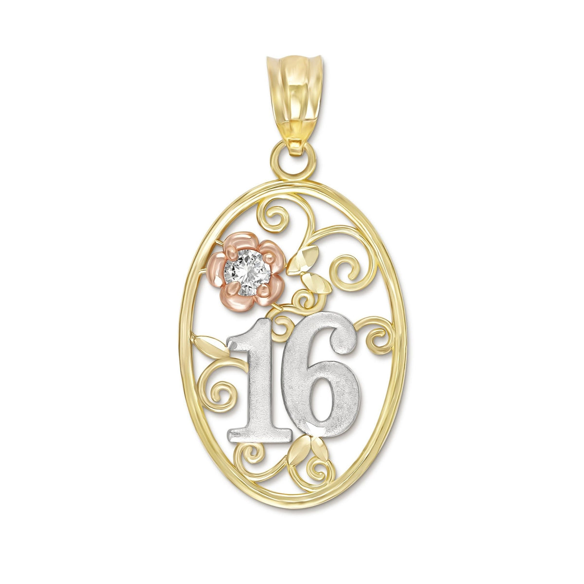 Front view of tri-color gold Sweet 16th rose oval pendant with cubic zirconia.