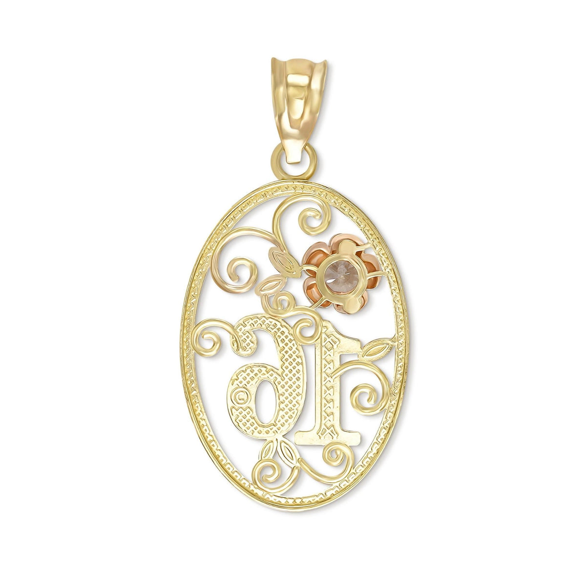 Back view of tri-color gold Sweet 16th rose oval pendant showing hollow reverse setting.