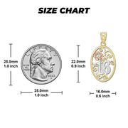 Size chart for tri-color gold Sweet 16th rose oval pendant compared to quarter.