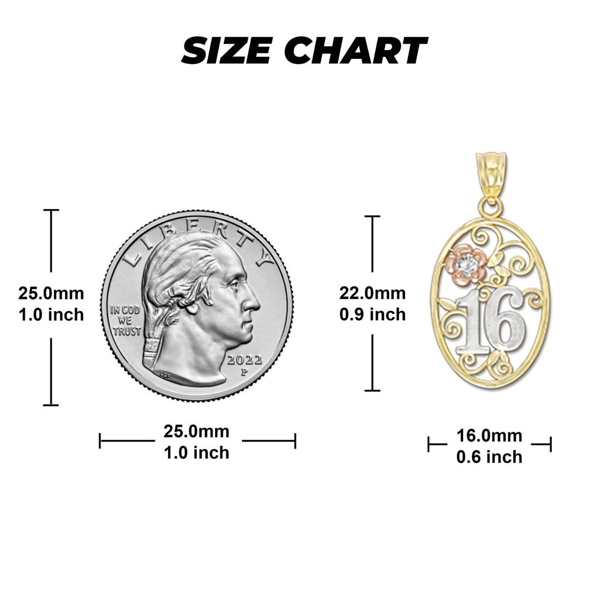 Size chart for tri-color gold Sweet 16th rose oval pendant compared to quarter.
