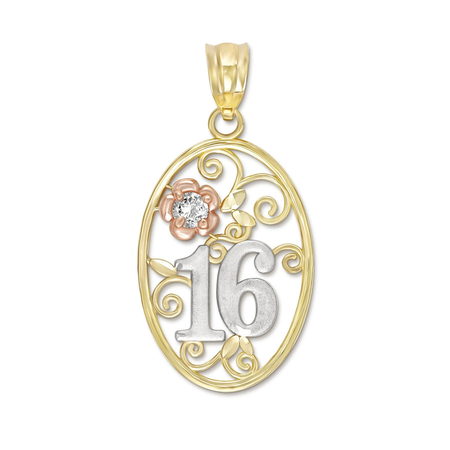 Detailed close-up of the tri-color gold number 16 pendant on a white background.