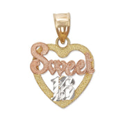 Front view of a tricolor gold Sweet 16 heart pendant without a chain.