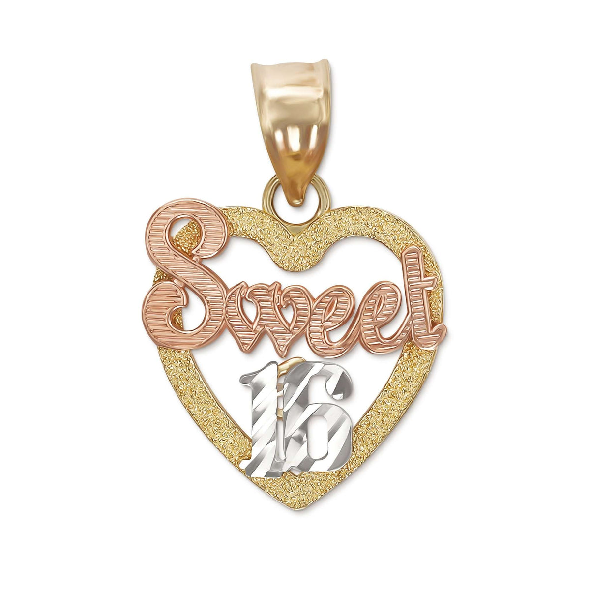 Front view of a tricolor gold Sweet 16 heart pendant without a chain.
