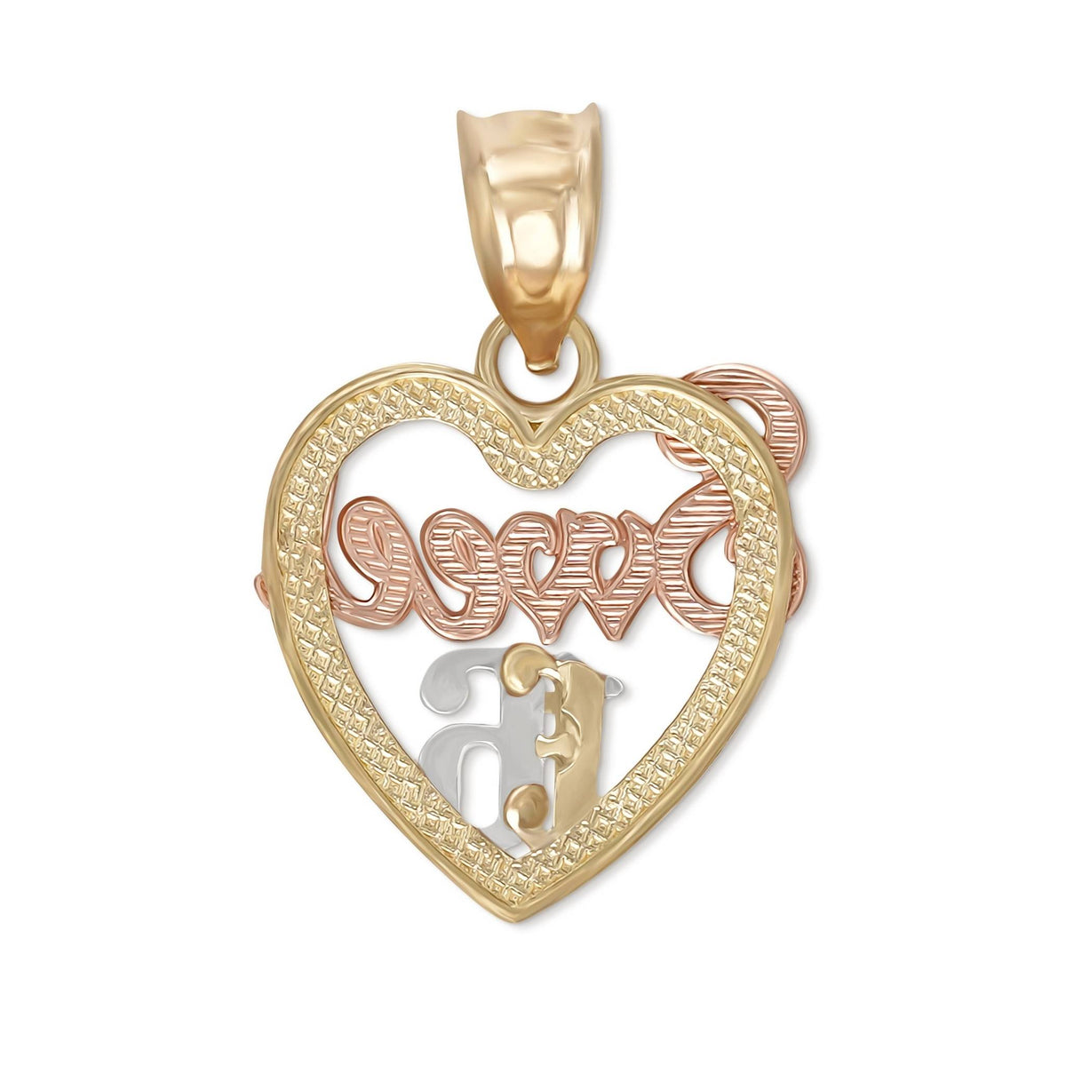 Rear view of a tricolor gold Sweet 16 heart pendant isolated on white background.