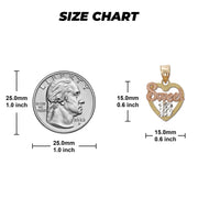 Size chart graphic showing tricolor gold Sweet 16 heart pendant next to quarter