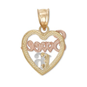 Rear view of a tri-color gold Sweet 16 heart pendant showing hollow construction.