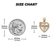 Size chart graphic displaying dimensions and scale coin for a Sweet 16 heart pendant.