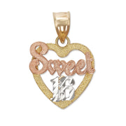 Front view of a tri-color gold Sweet 16 heart pendant on a white background.
