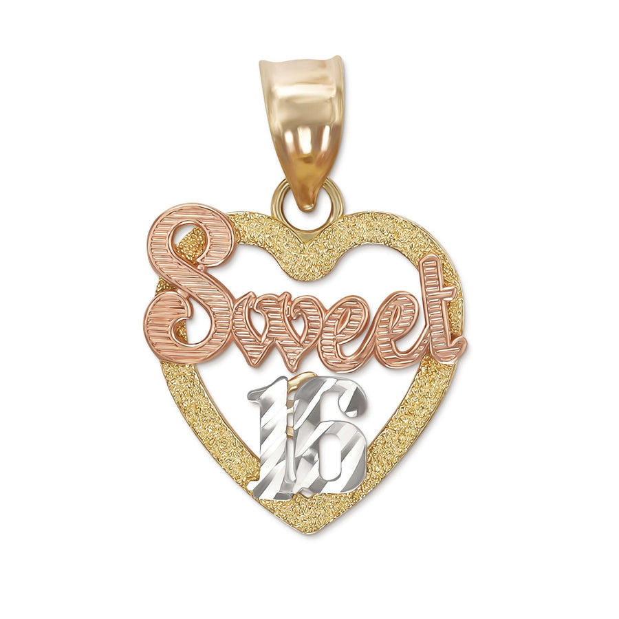 Front view of a tri-color gold Sweet 16 heart pendant on a white background.