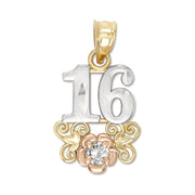 Detailed view of 10k/14k tri-color gold Sweet 16th birthday mini pendant on a white background.