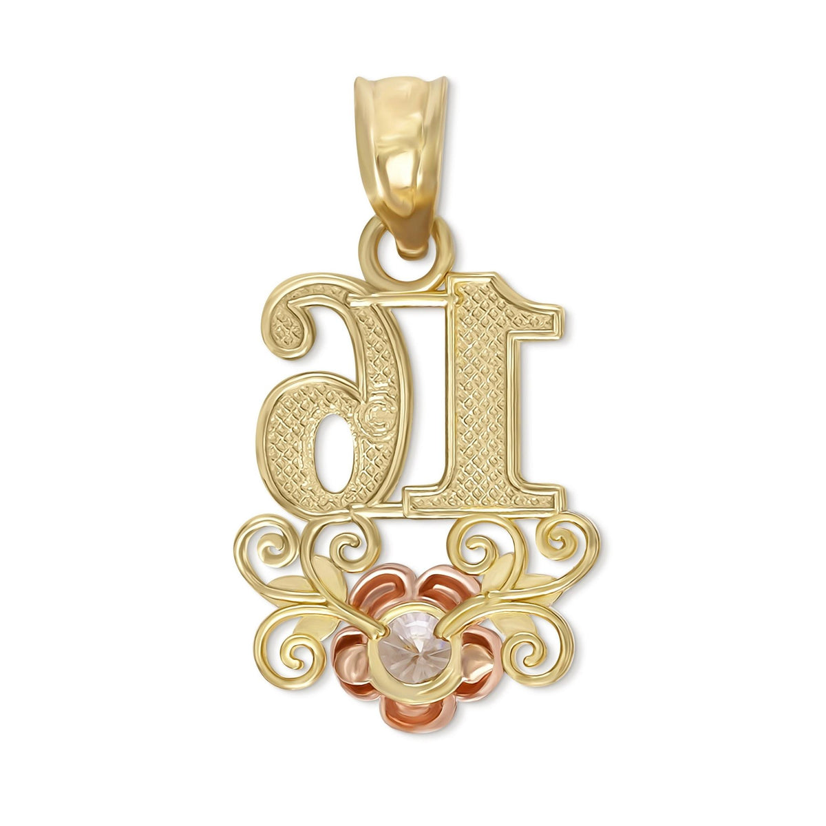 Back view of tri-color gold Sweet 16th pendant showing textured finish and reverse setting.