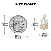 Size chart for tri-color gold Sweet 16th mini pendant compared to a US quarter.