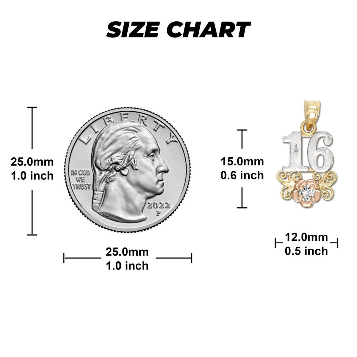 Size chart for tri-color gold Sweet 16th mini pendant compared to a US quarter.