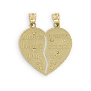 wo-piece gold heart pendant engraved with roses and Amores Aparte Pero Siempre Juntos