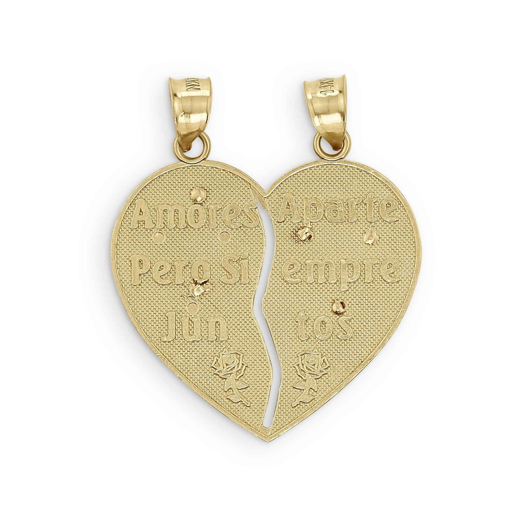 wo-piece gold heart pendant engraved with roses and Amores Aparte Pero Siempre Juntos