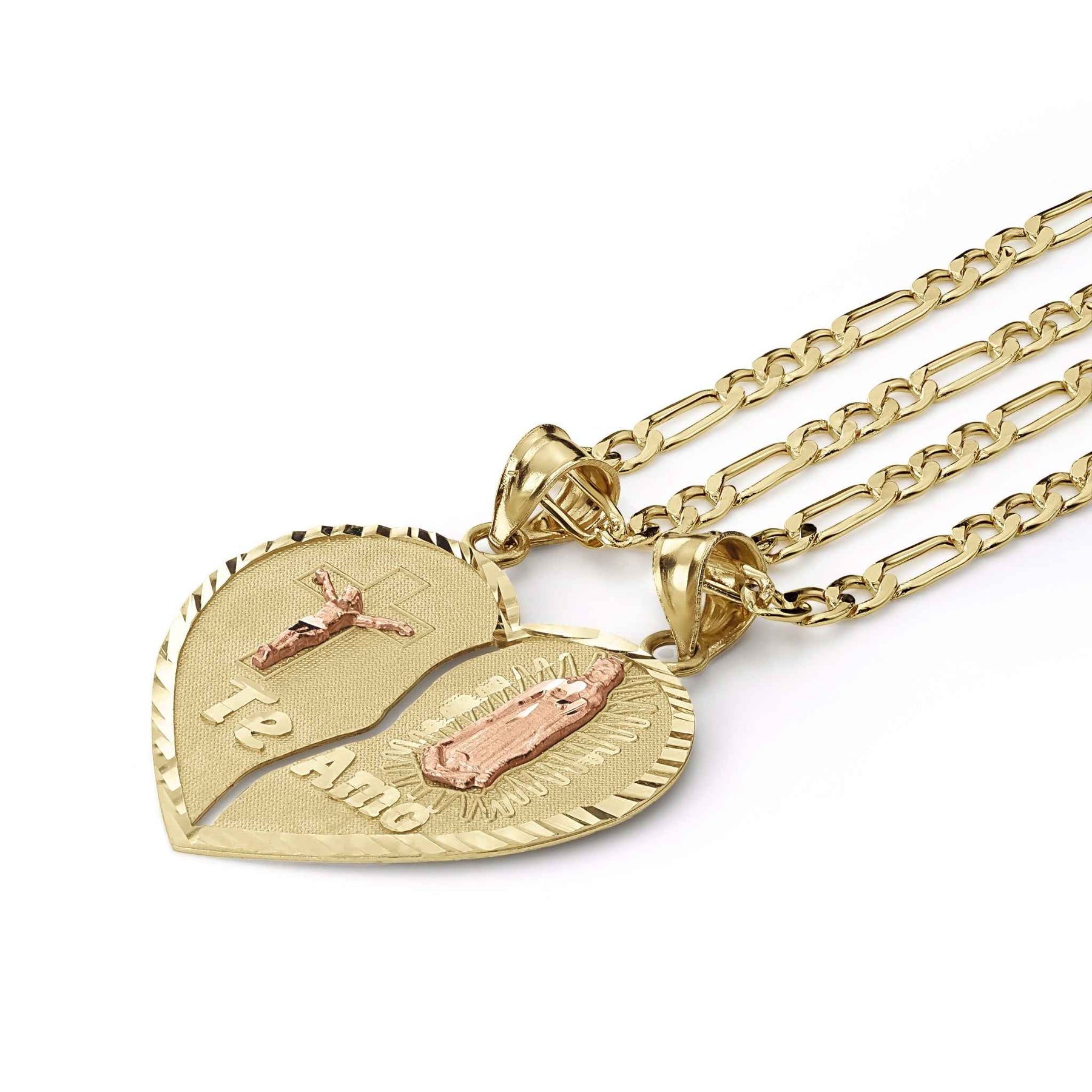 Split gold Te Amo heart pendant featuring crucifix and Virgin Mary on Figaro chains.