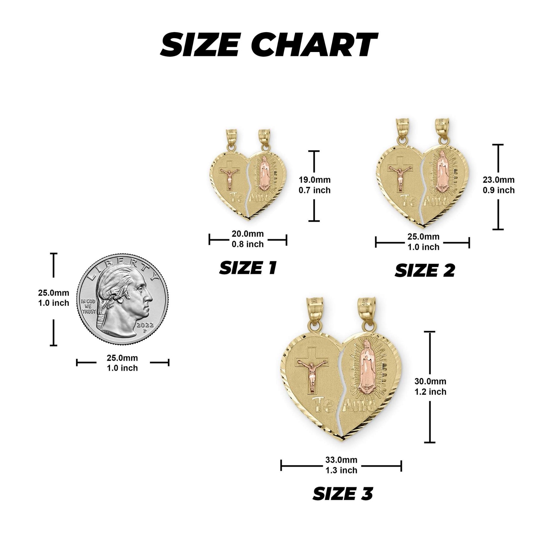 Size chart showing three gold breakable heart pendants next to a US quarter.