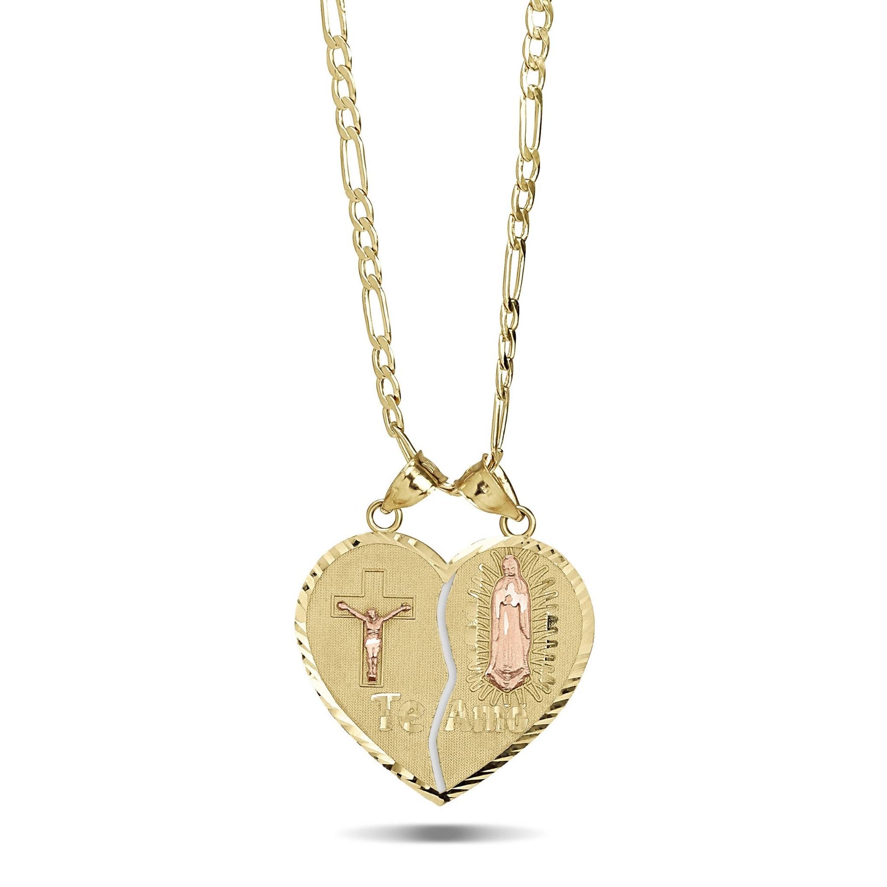 Split gold heart pendant necklace featuring a crucifix, Virgin Mary, and Te Amo inscription