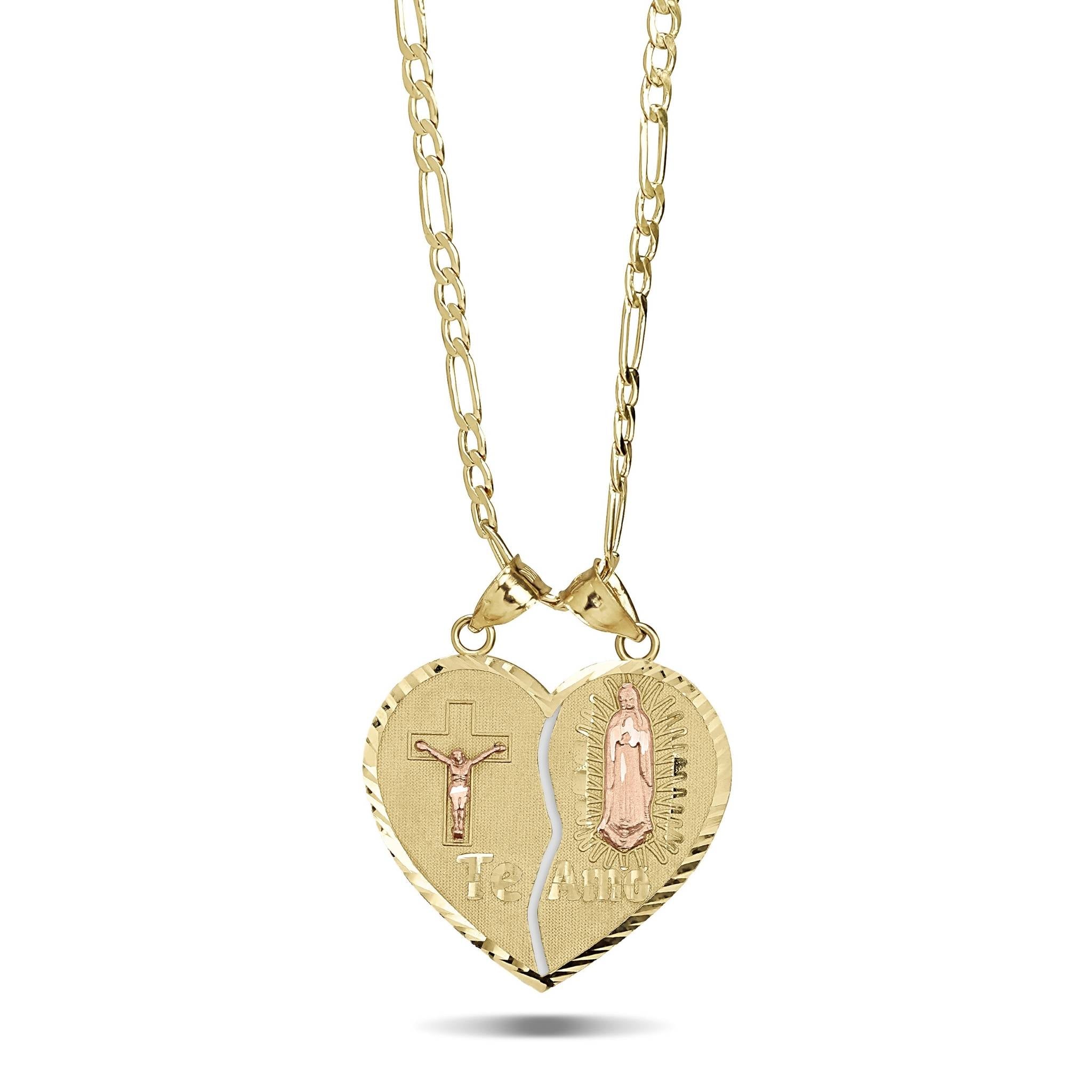 Split gold heart pendant necklace featuring a crucifix, Virgin Mary, and Te Amo inscription