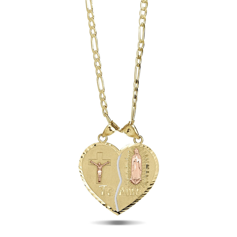 Split gold heart pendant necklace featuring a crucifix, Virgin Mary, and Te Amo inscription