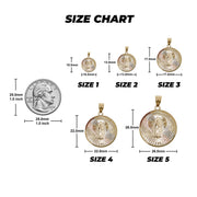 Size chart for tricolor gold Virgin Mary pendants displaying dimensions from 10.0mm to 26.0mm.