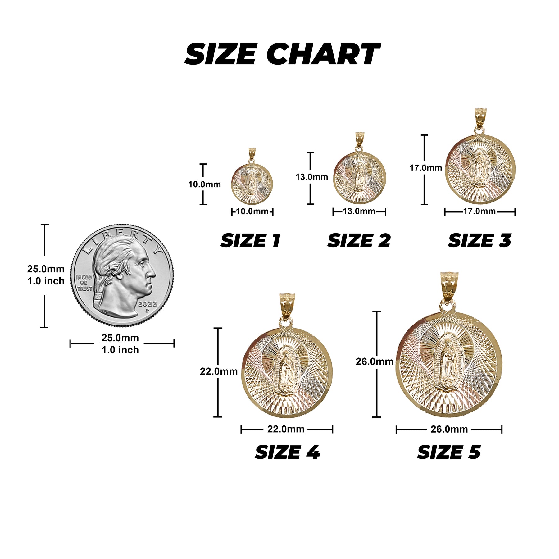 Size chart for tricolor gold Virgin Mary pendants displaying dimensions from 10.0mm to 26.0mm.