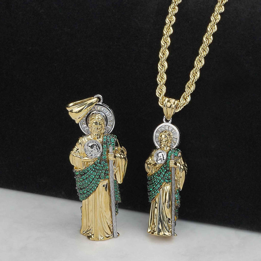 Two-tone gold 3D San Judas CZ pendant shown alone and on rope chain.