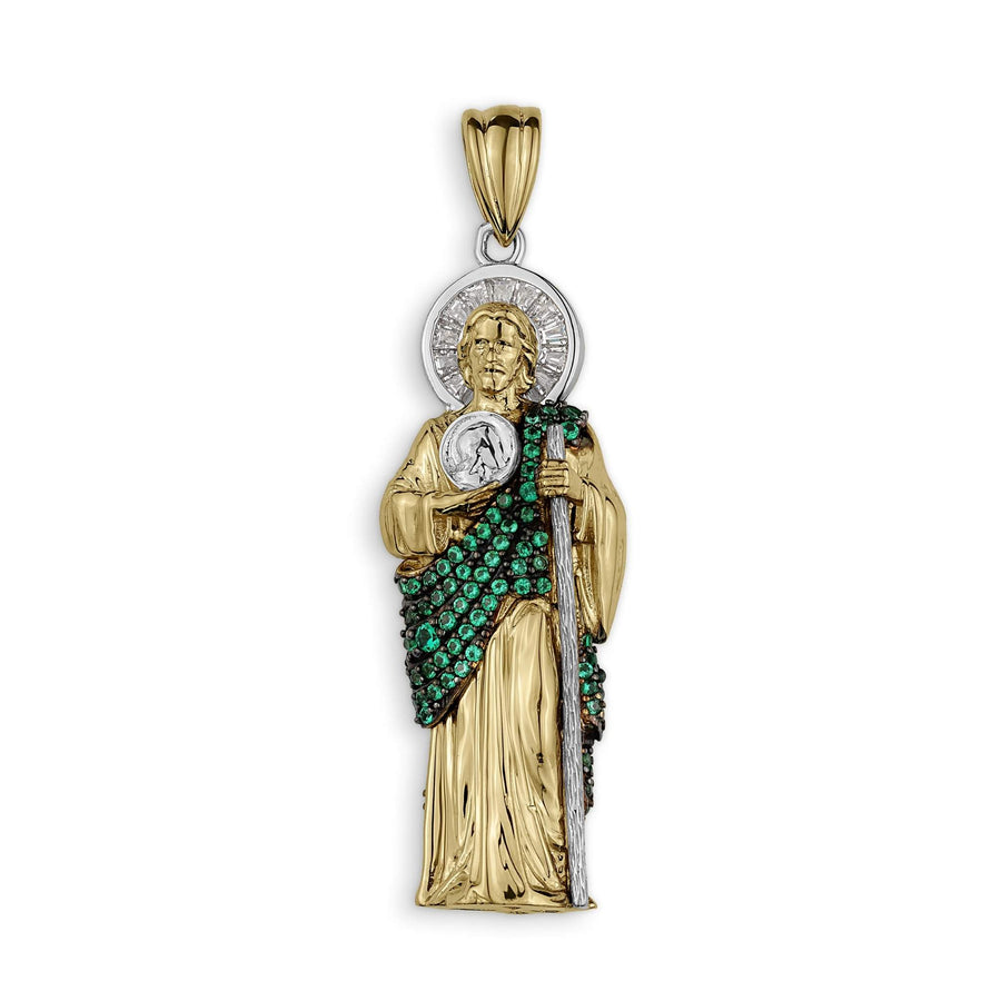 10k 14k two-tone gold 3D San Judas green cubic zirconia charm pendant.