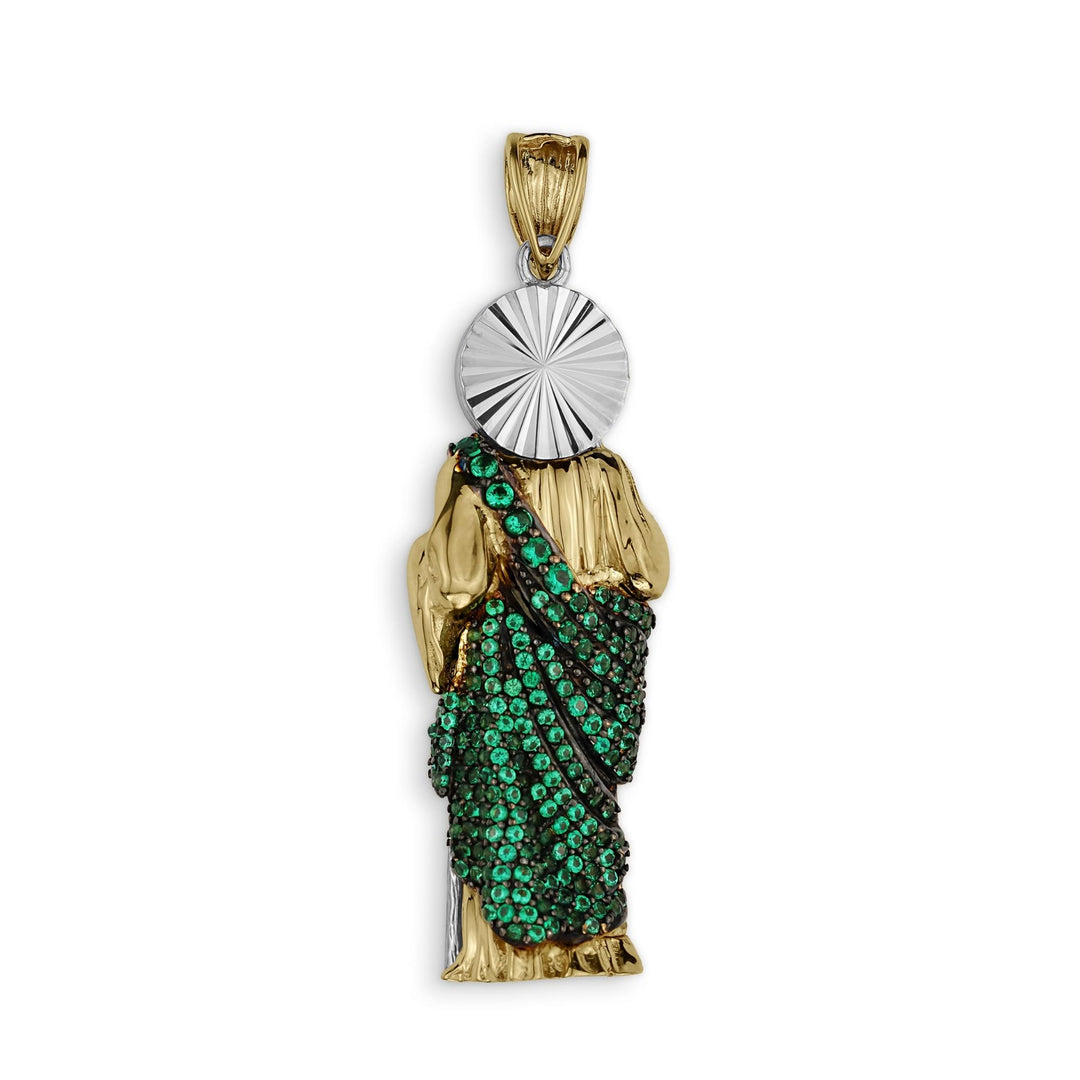 Reverse side of the two-tone gold San Judas pendant showcasing its solid back finish.