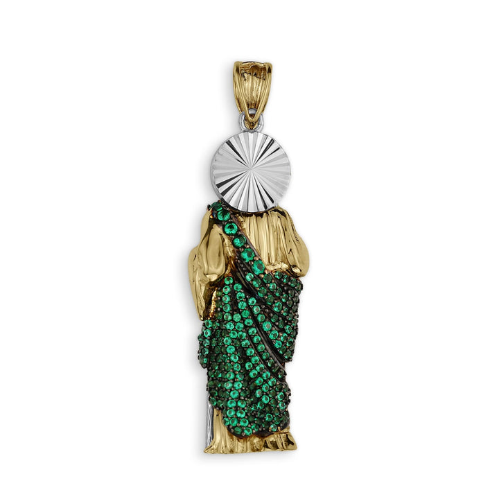 Reverse side of the two-tone gold San Judas pendant showcasing its solid back finish.