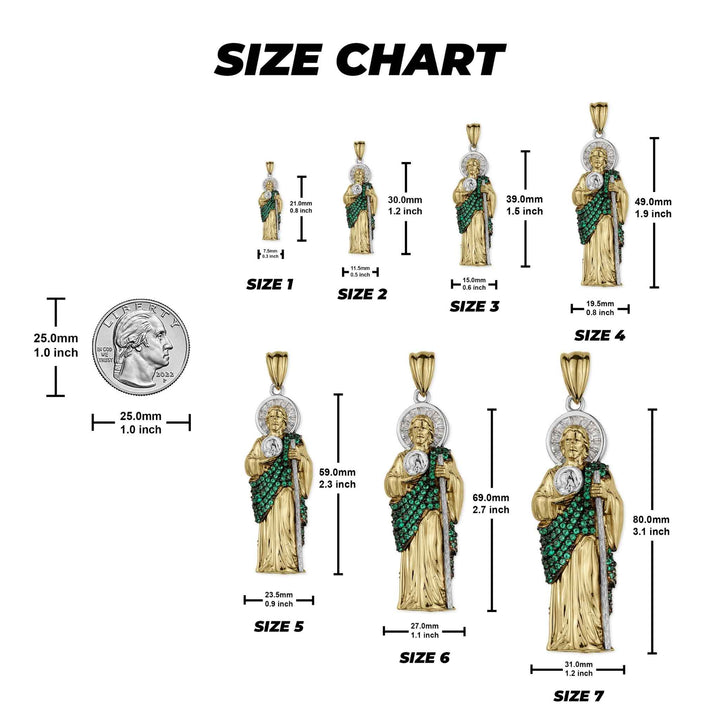 Size chart comparing seven sizes of two-tone San Judas pendants to a US quarter.