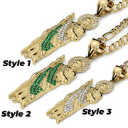 Three gold San Judas pendants on chains labeled Style 1, Style 2, and Style 3.