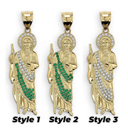 Three gold San Judas pendant styles decorated with green and white cubic zirconia stones.
