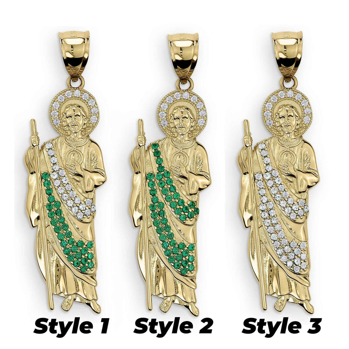 Three gold San Judas pendant styles decorated with green and white cubic zirconia stones.