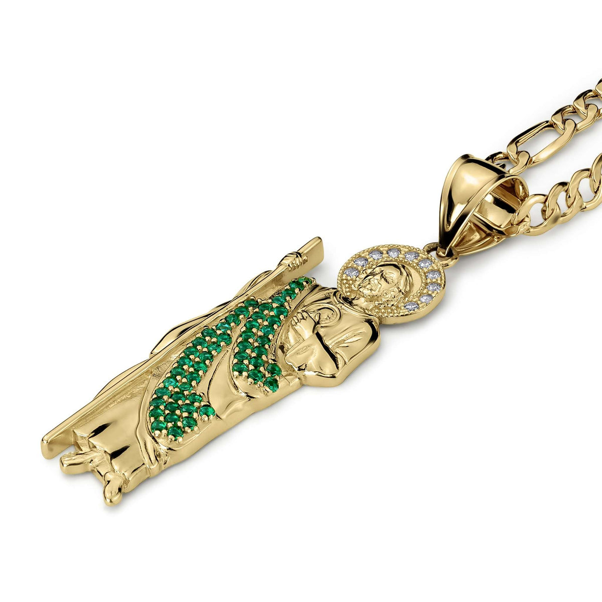 Angled view of the gold San Judas pendant showing green stone robes and chain.