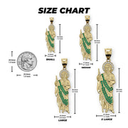 Size comparison diagram of four gold San Judas pendants with millimeter and inch dimensions.