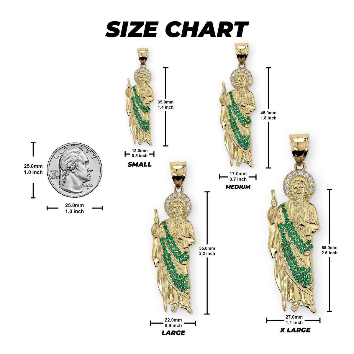 Size comparison diagram of four gold San Judas pendants with millimeter and inch dimensions.
