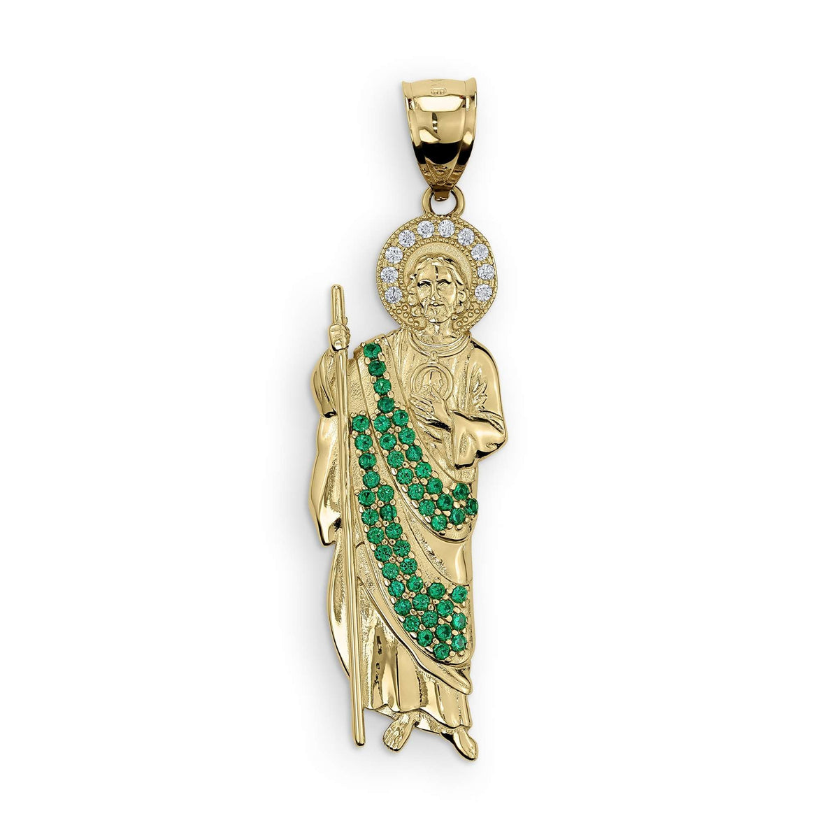 Gold San Judas pendant featuring sparkling white and green cubic zirconia stones.