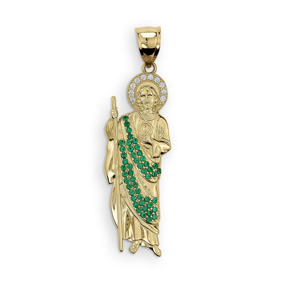 Gold San Judas pendant featuring sparkling white and green cubic zirconia stones.