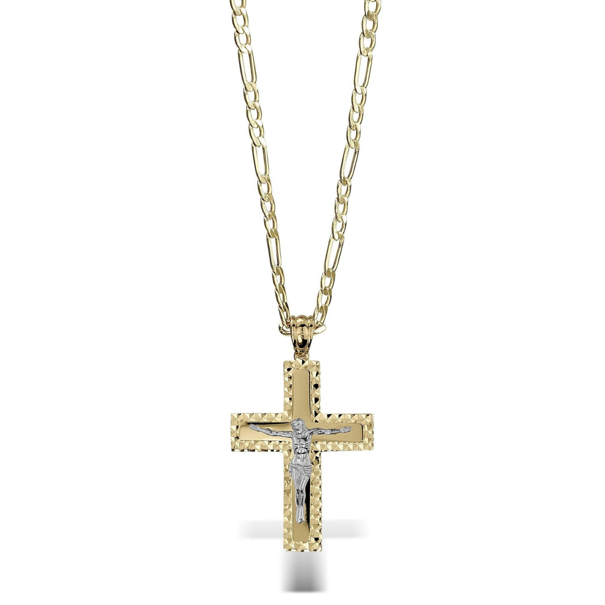 10k and 14k two-tone gold Vincent crucifix cross pendant necklace for men and women.