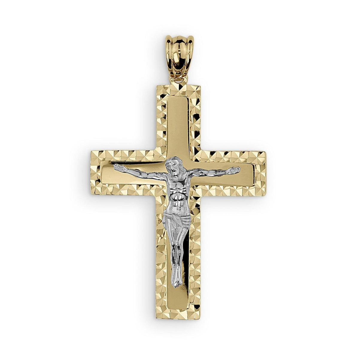 Two-tone gold crucifix cross pendant featuring a textured border and white gold Jesus figure.