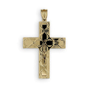 Back view of a gold crucifix cross pendant showing hollow back construction and metal hallmark.