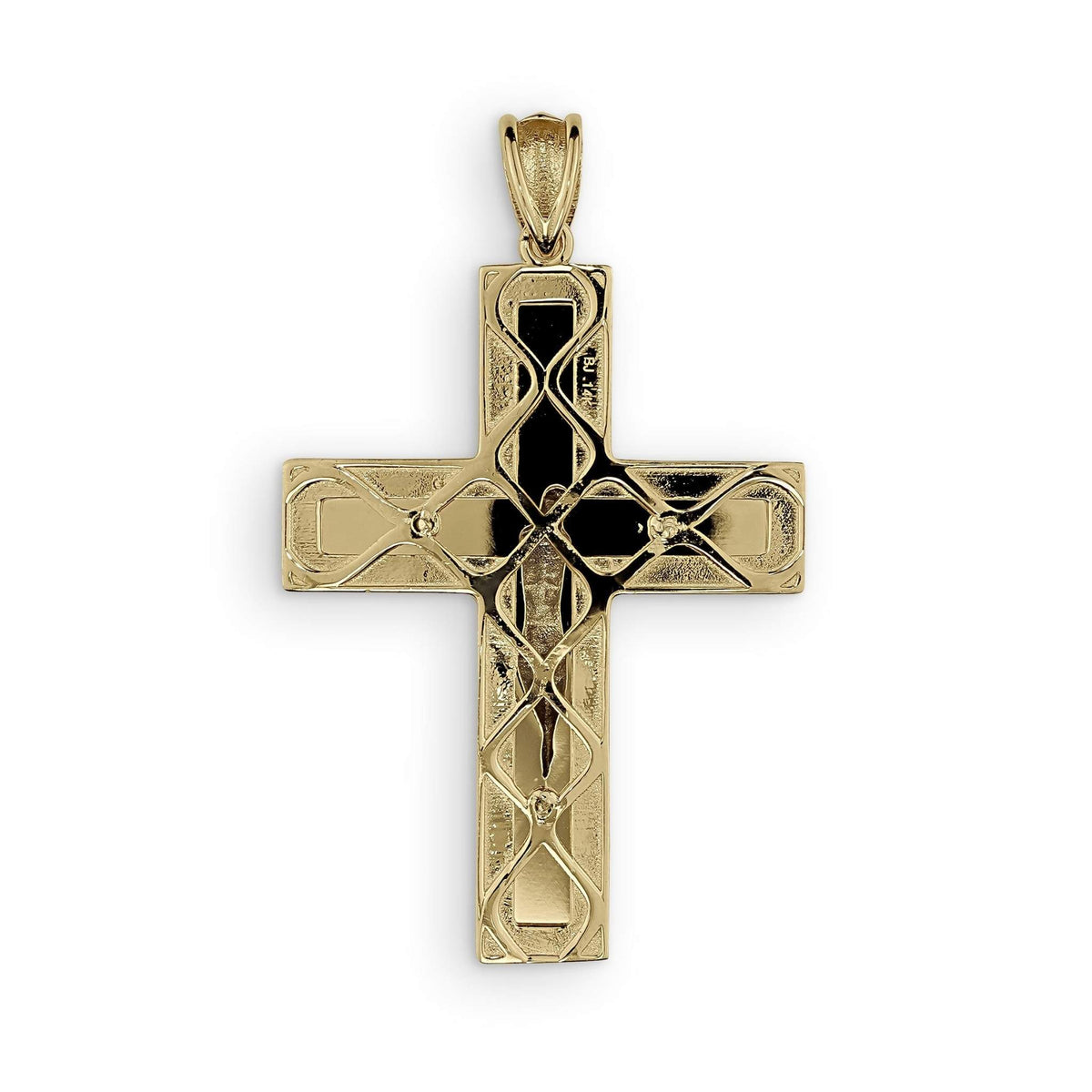 Back view of a gold crucifix cross pendant showing hollow back construction and metal hallmark.